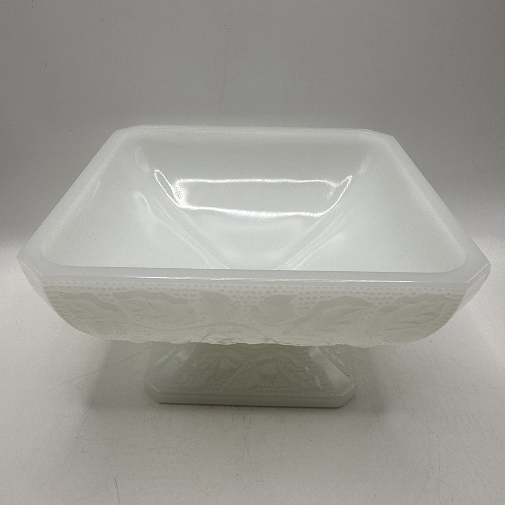 Vintage Jeanette Milk Glass Square Pedestal Candy Dish Acorn & Leaf Pattern - Picture 3 of 9